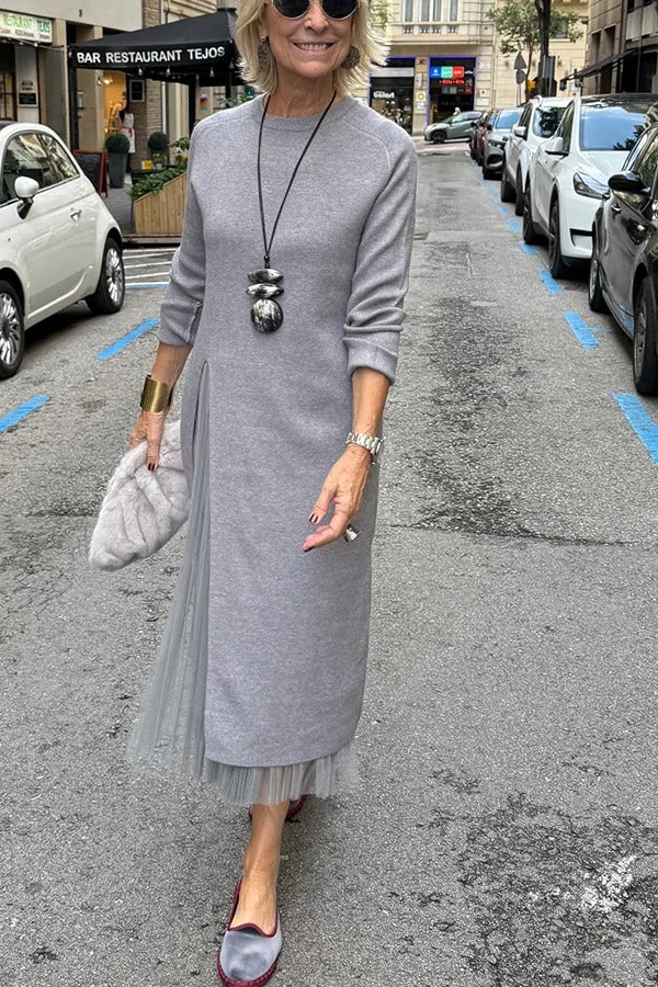 Jollie Knit Long Sleeve Front Slit Midi Sweater and Pleated Tulle Stretch Tank Midi Dress Two-piece Set