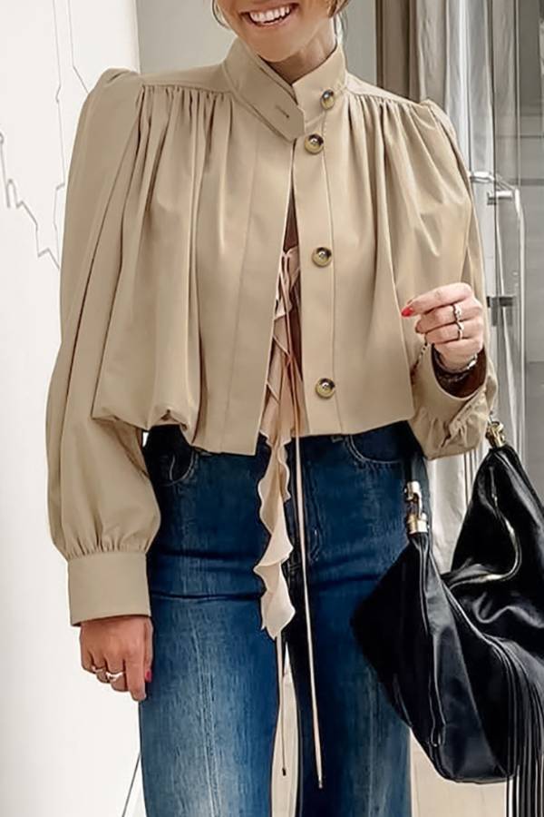 Women's Stand Collar Puff Sleeve Cropped Trench Jacket