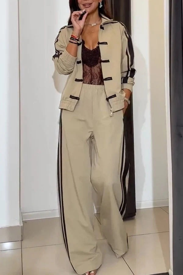 Fashionable Sporty Stripes Long Sleeve Knotted Button Jacket and Elastic Waist Pocket Pants Set