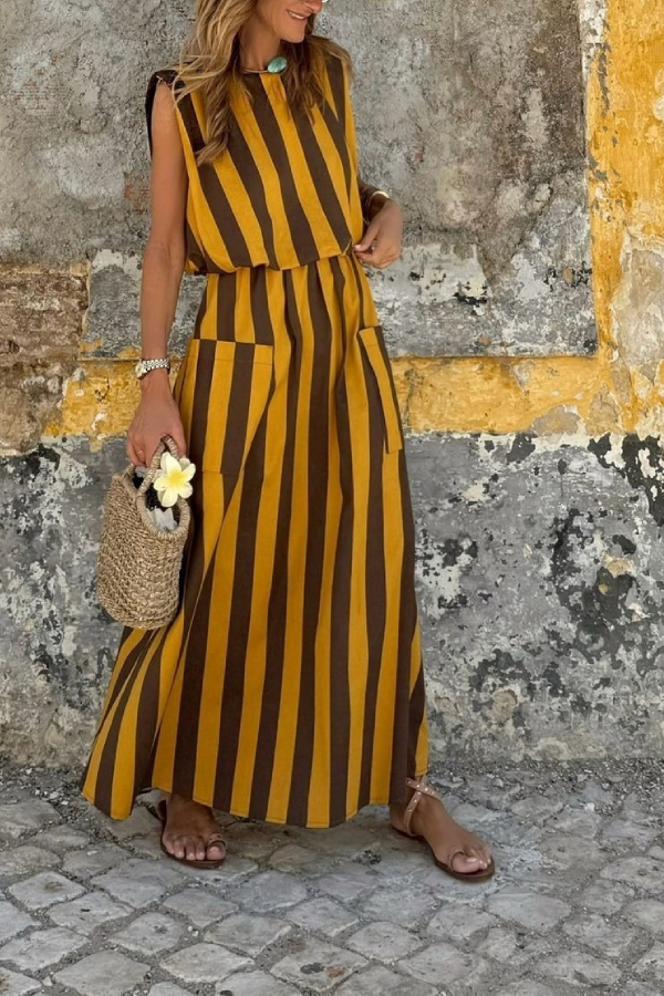 Yellow and Black Striped Sleeveless Waist Long Dress