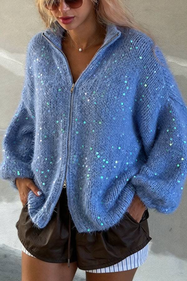 Relaxed Sequin Mohair-blend Knit High Neck Zipper Balloon Sleeve Cardigan