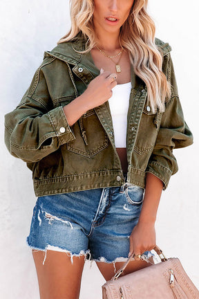 Green Large Pockets Casual Hooded Cropped Denim Jacket