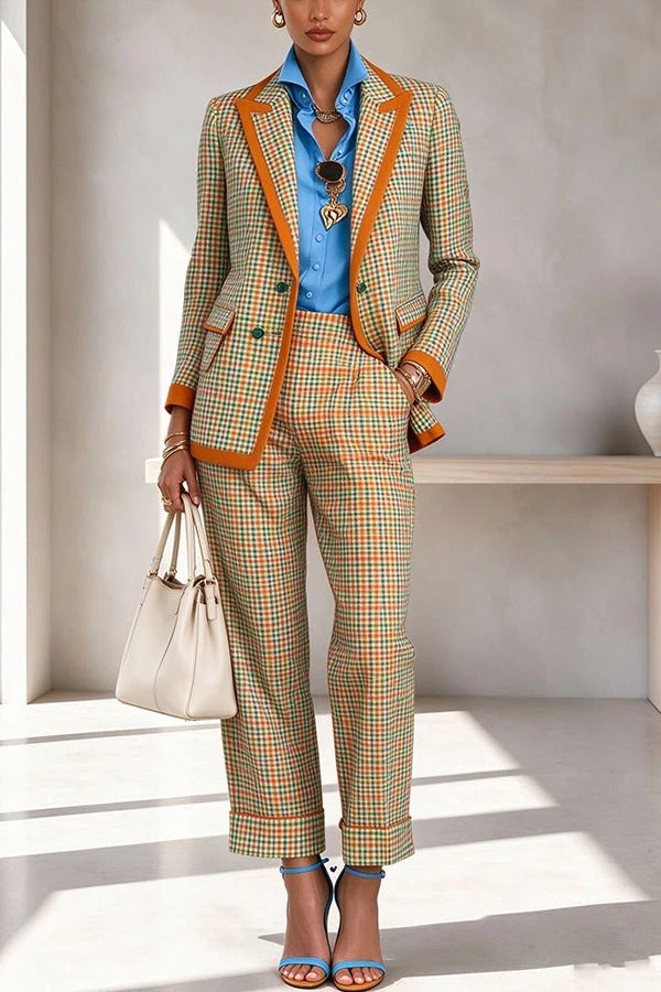 Checked Lapel Blazer & Pants Matching Set