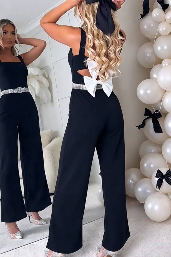 Dream Darling Back Cutout Bow Detail Square Neck Wide Leg Jumpsuit