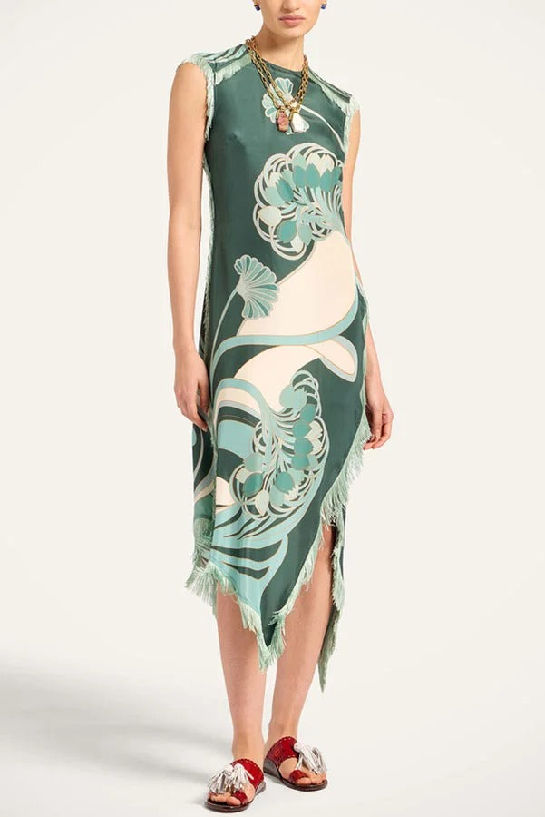 Bohemian Style Floral Print Tassel Trim Irregular Hem Slit Scarf Midi Dress