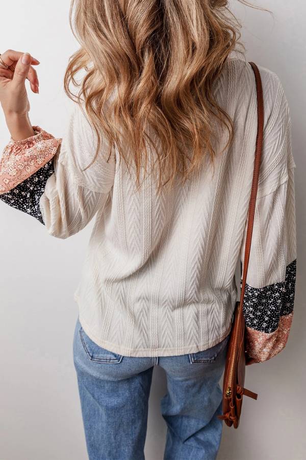 Beige Floral Patchwork Textured Drawstring V Neck Top