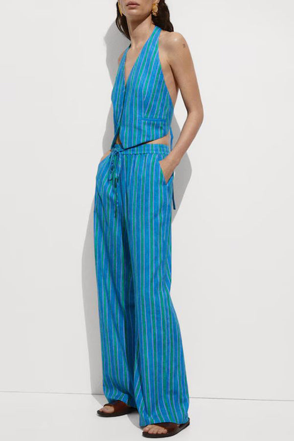 Linen Blend Striped Button Halter Backless Vest and Elastic Waist Pocket Pants Set