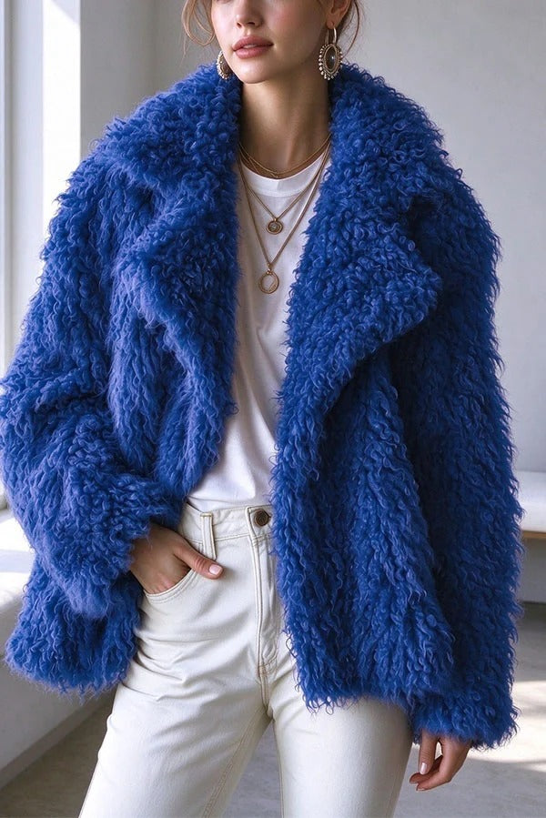 Warm Winter Teddy-style Curly Plush Long Sleeve Lapel Coat
