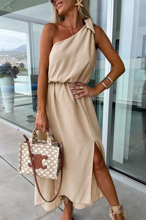 Casual Solid Bandage Oblique Collar Sleeveless Dress Dresses