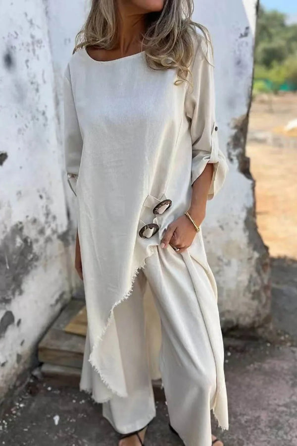 Casual Unique Irregular Button Decoration Robe Pocket Elastic Pants Set