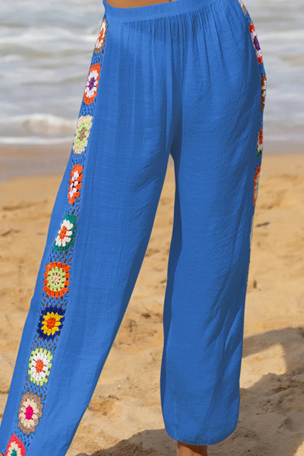 Dimarco Linen Blend Colorful Crochet Flower Patchwork Stretch Waist Wide Leg Pants