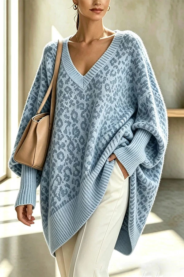 Relaxed Style Knit Leopard Print V-neck Batwing Sleeve Loose Sweater