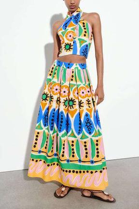 Printed halter neck cropped tank top and skirt set