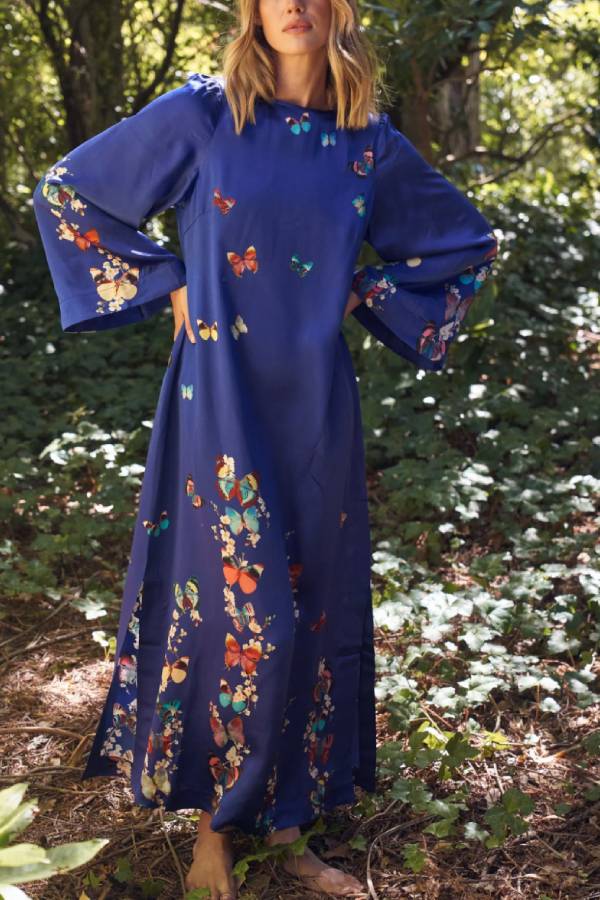 Butterfly Print Navy Blue Long Sleeve Loose Long Dress
