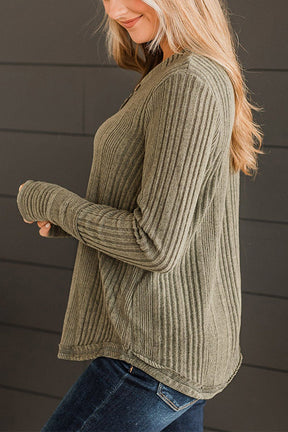Pickle Green V Neck Buttoned Ribbed Knit Top