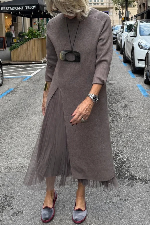 Jollie Knit Long Sleeve Front Slit Midi Sweater and Pleated Tulle Stretch Tank Midi Dress Two-piece Set