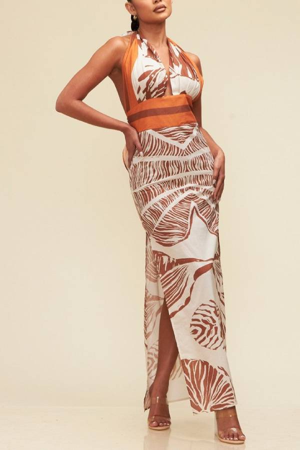Vacay Bound Linen Blend Unique Botanical Print Halter Maxi Dress