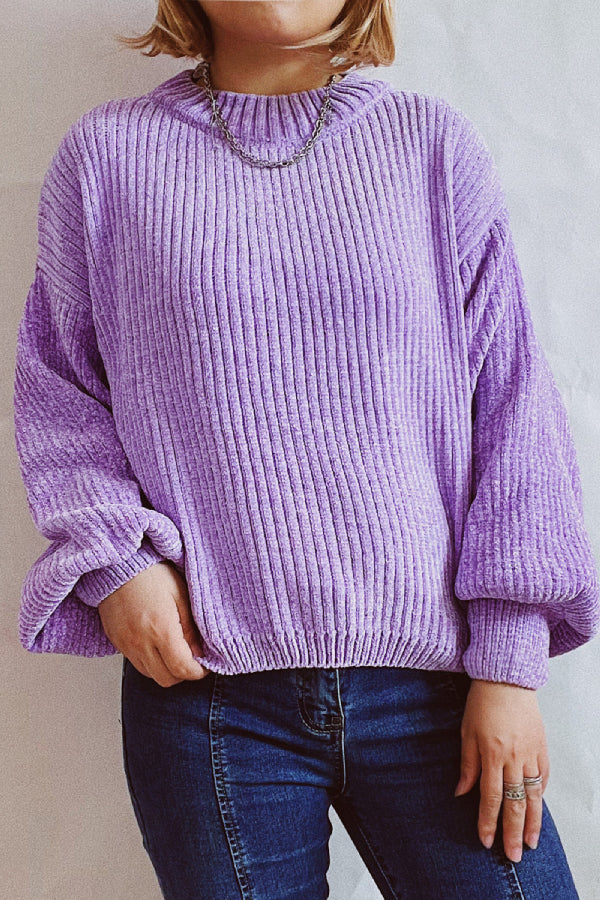 Solid Color Casual Round Neck Lantern Sleeve Short Knitted Sweater