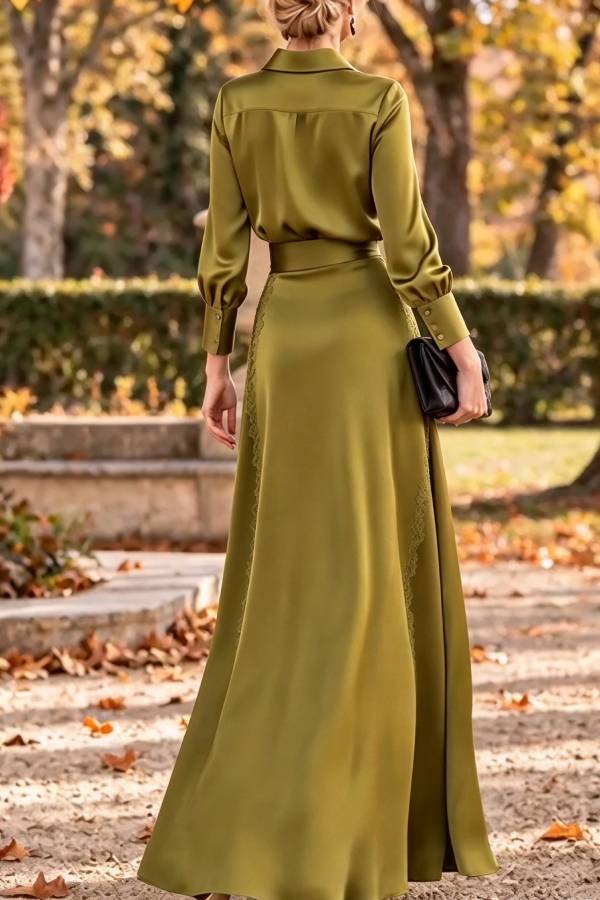 Jazmine Satin Long Sleeve Blouse and High Rise Slit Lace Maxi Skirt Set