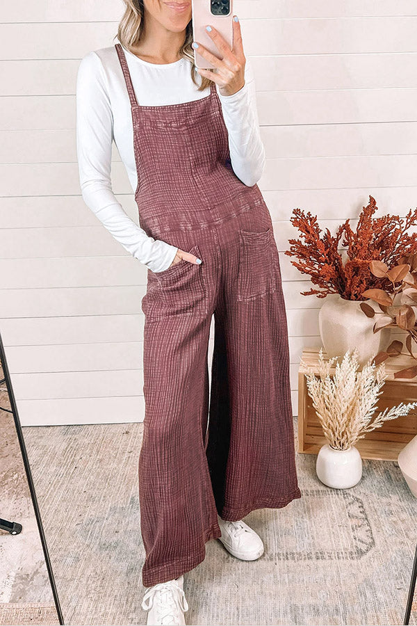 Red Textured Shoulder Straps Pocketed Overalls