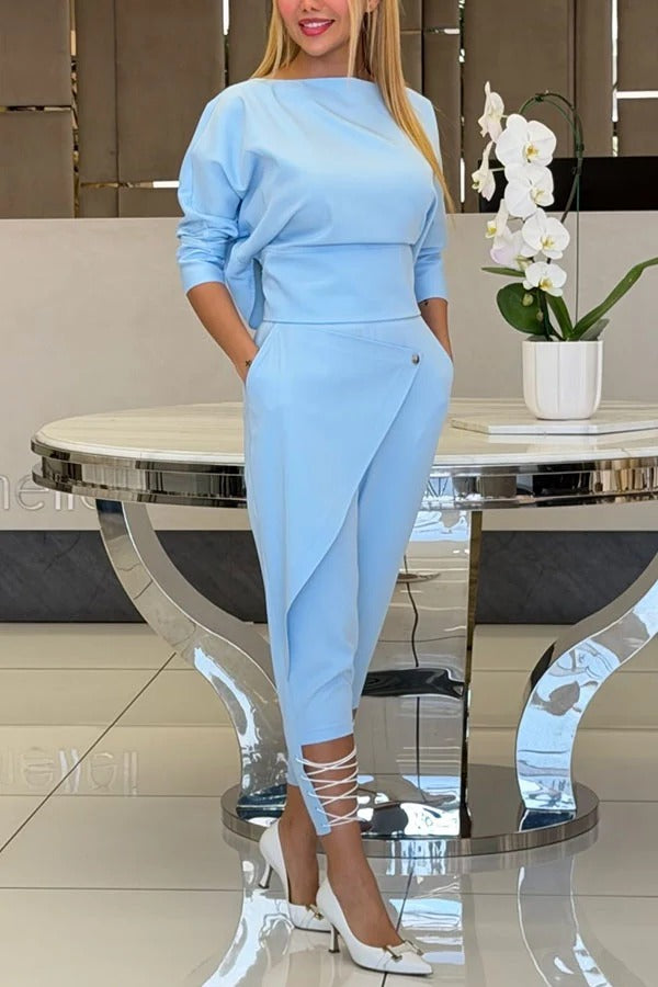 Wide Neck Long Sleeve Fitted Top and Elastic Waist Wrap Pocketed Lace-up Crop Pants Set