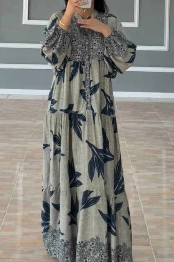 Printed lantern sleeves loose dress