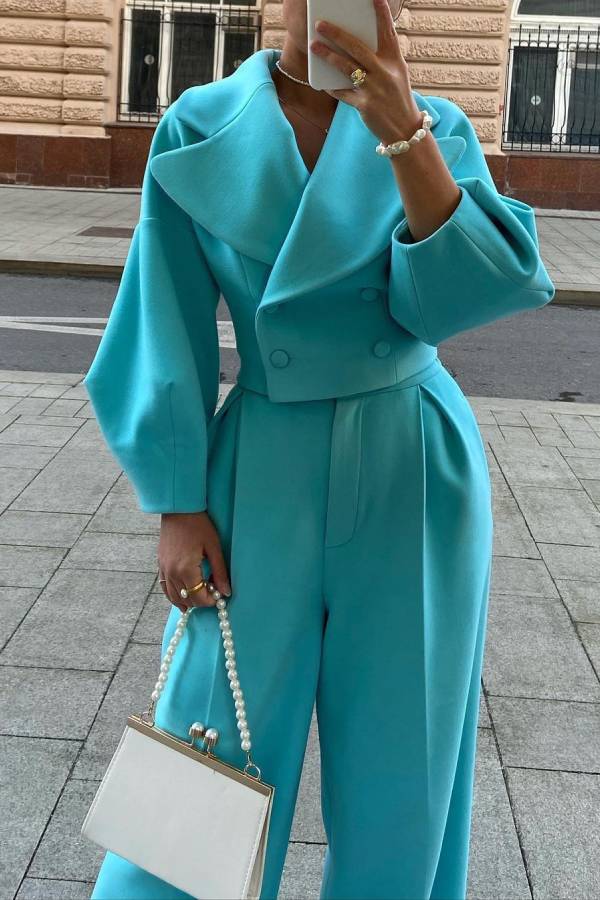 Large Lapel Cropped Blazer & Wide‑Leg Pants Two‑Piece Set