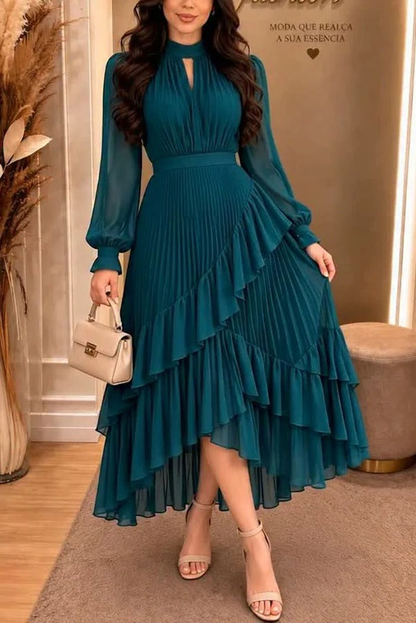 Dylin Pleated Chiffon Cutout Neck Long Balloon Sleeve Tiered Ruffles Maxi Dress