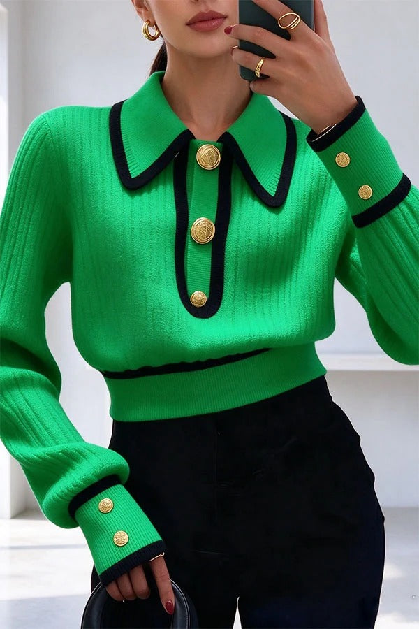Olivia Knit Top with Contrast Piping and Collar
