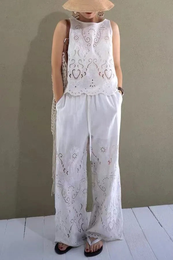 Linen Blend Solid Color Hollow Loose Vest and Elastic Waist Casual Pocket Wide Leg Pants Set