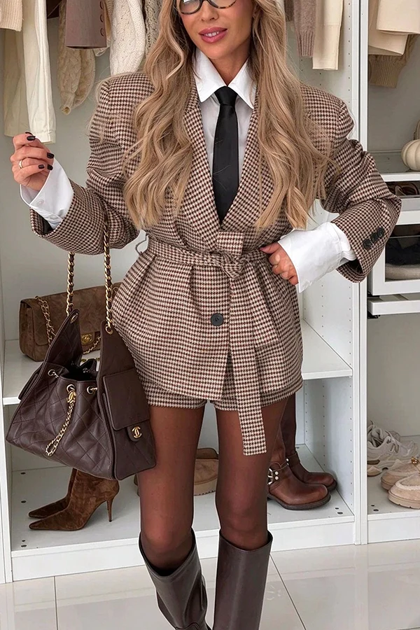 Avant-garde Classic Houndstooth Padded-shoulder Button Belted Oversized Blazer Jacket