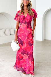 Abstract Print Short Sleeve Belted Wrap Midi Dress