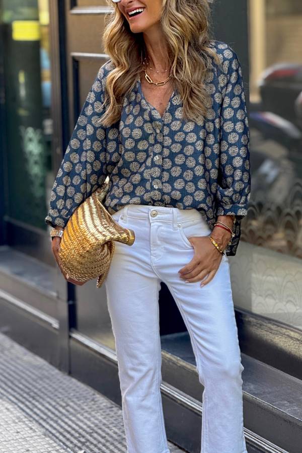 V‑Neck Lantern Sleeve Vintage Polka Dot Blouse