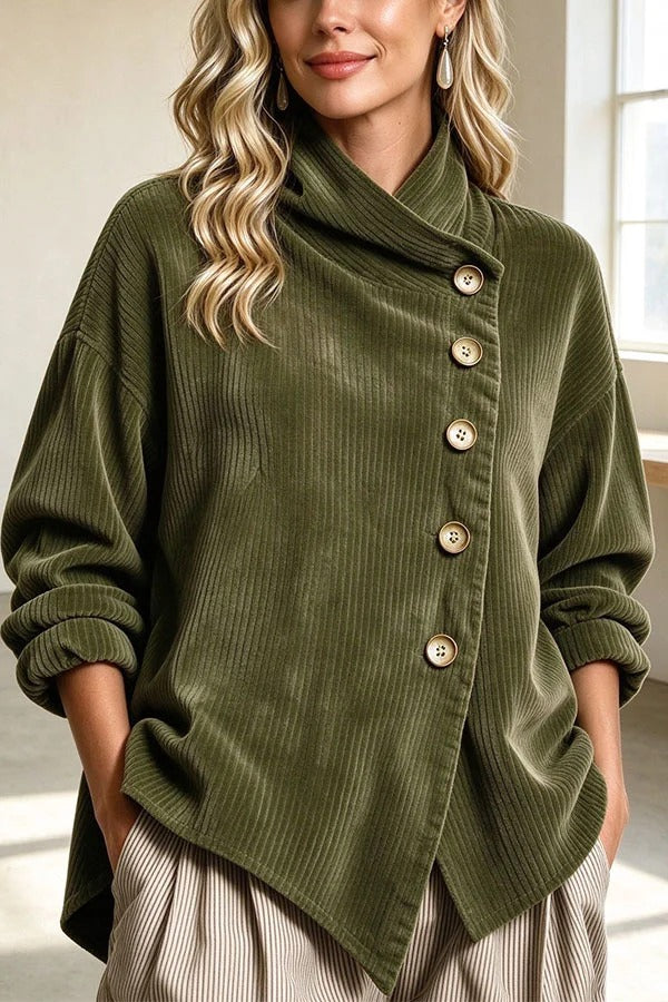 Chic Slanted Button High-Neck Corduroy Outerwear