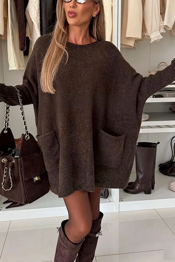 Warm Touch Knit Long Batwing Sleeve Pocket Oversized Sweater Mini Dress
