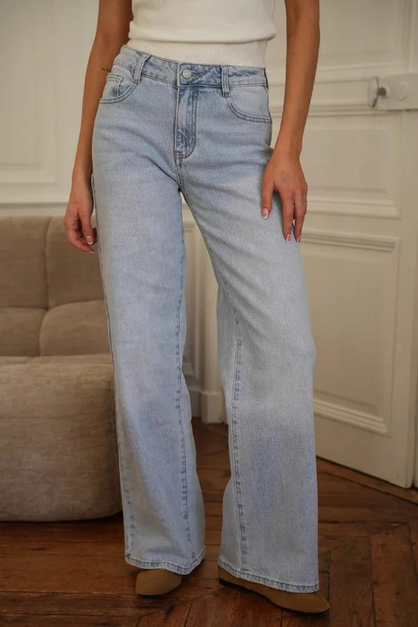 Stylish Denim Colorblock Star Patterned Mid Waist Pocket Wide Leg Jeans