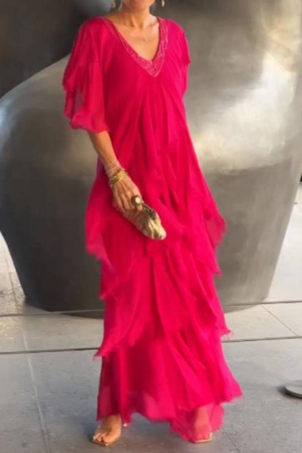 Elegant V-neck Fashionable Cake Long Dress