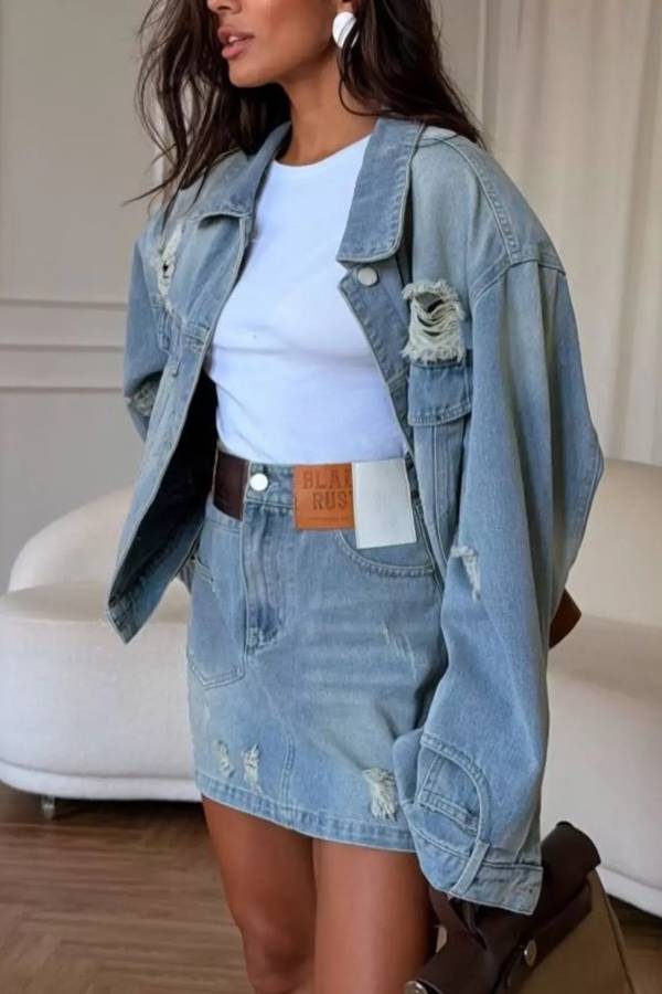 Distressed Denim Jacket and Mini Skirt Set