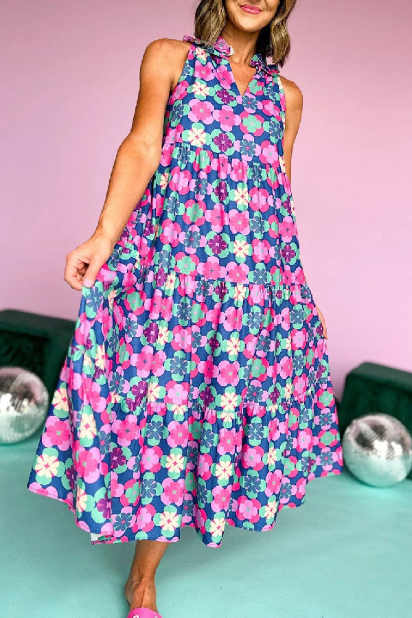 Sky Blue 60s Flower Split Neck Sleeveless Tiered Maxi Dress