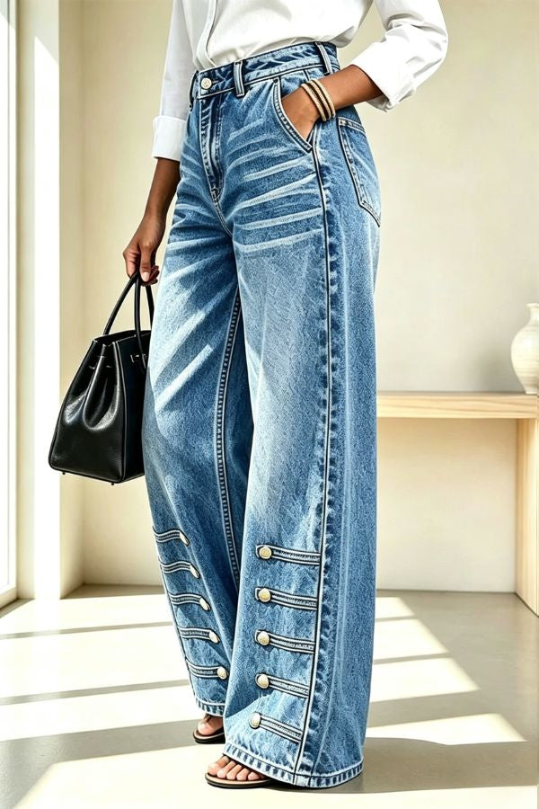 Trendy Streetwear Denim Napoleon-button Style High Rise Pocket Wide Leg Jeans