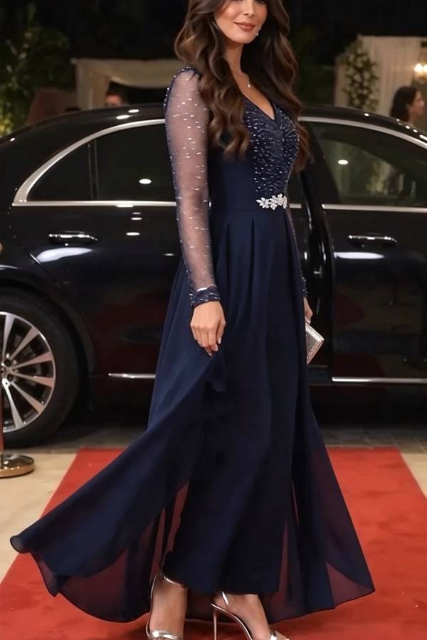Aurora Tulle Shimmer Detail and Floral Appliqué Embellishment Waist Wide Leg Shawl Jumpsuit