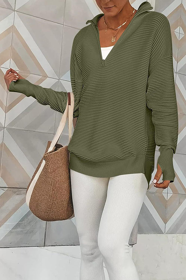 Half-Zip V-Neck Relaxed Rib-Knit Sweater
