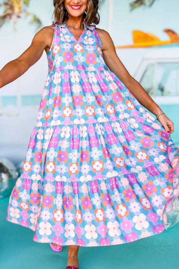 Sky Blue 60s Flower Split Neck Sleeveless Tiered Maxi Dress