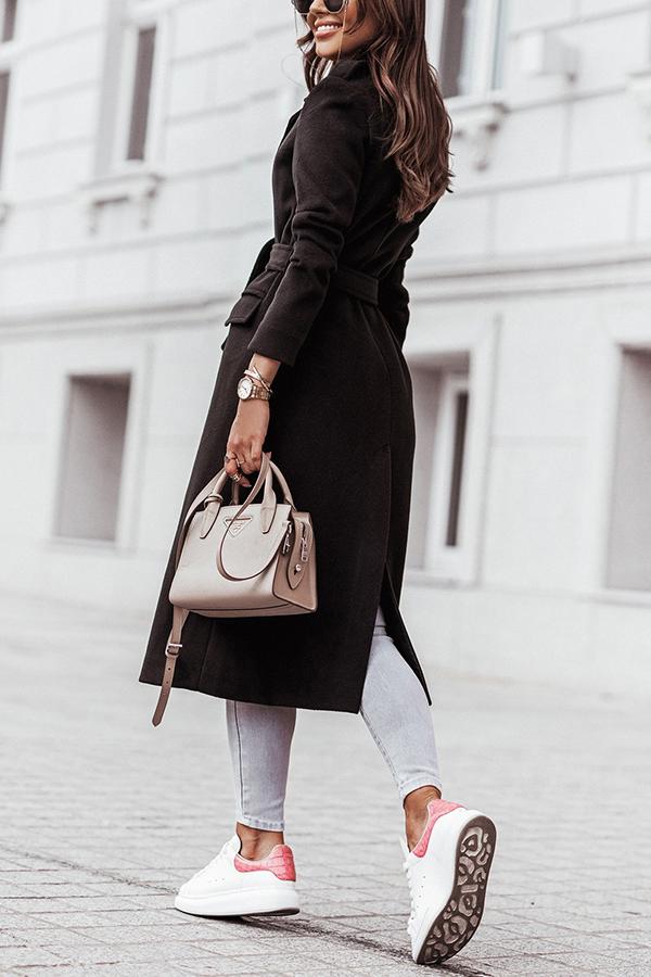 Simple Long-sleeved V-neck Tie Woolen Coat