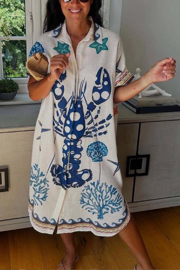 Unique Lobster Ocean Print Shirt Midi Dress