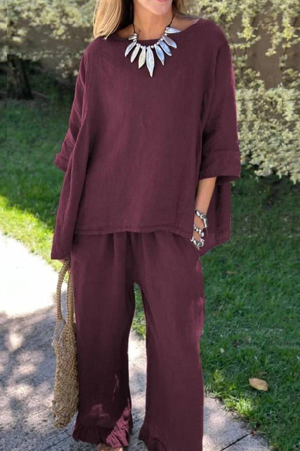 Casual Solid Color Loose Top & Pants Cotton Linen Two-piece Set
