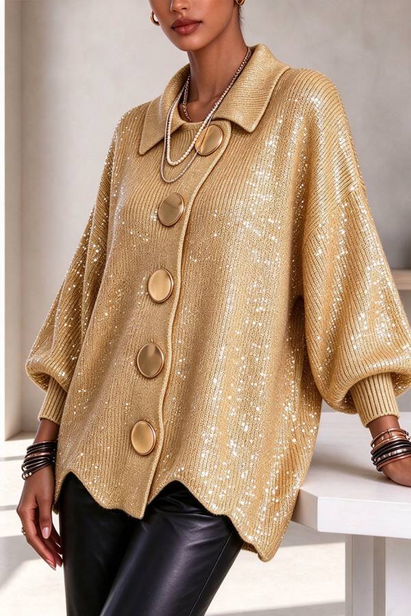 Metallic Sequin Button Up Long Balloon Sleeve Wavy Hem Loose Cardigan