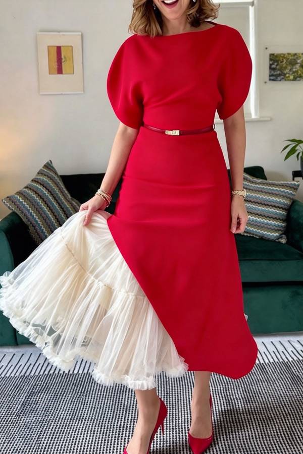 Reina Round Neck Puff Sleeve Asymmetrical Bias Cut Hem Midi Dress