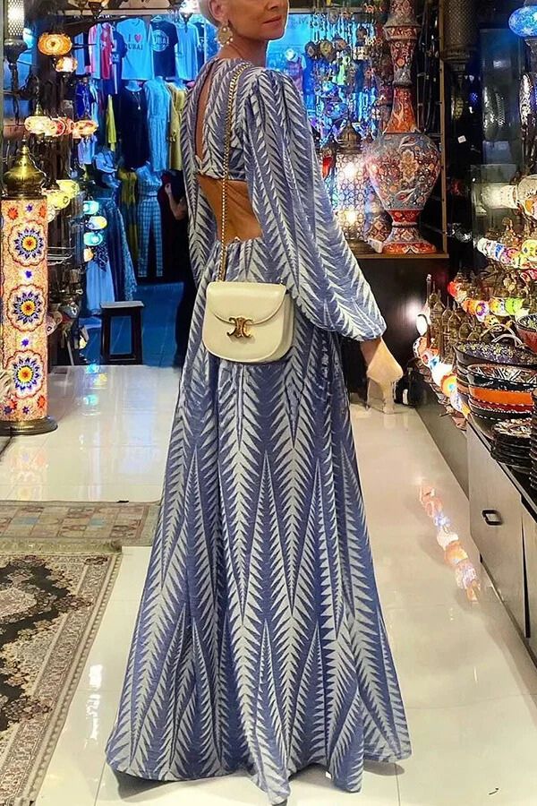 Geometric Print Cut Out Elastic Waist Backless Maxi Dress