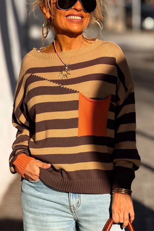 Xander Knit Color-block Stripes Wide Neck Long Sleeve Pocket Relaxed Sweater